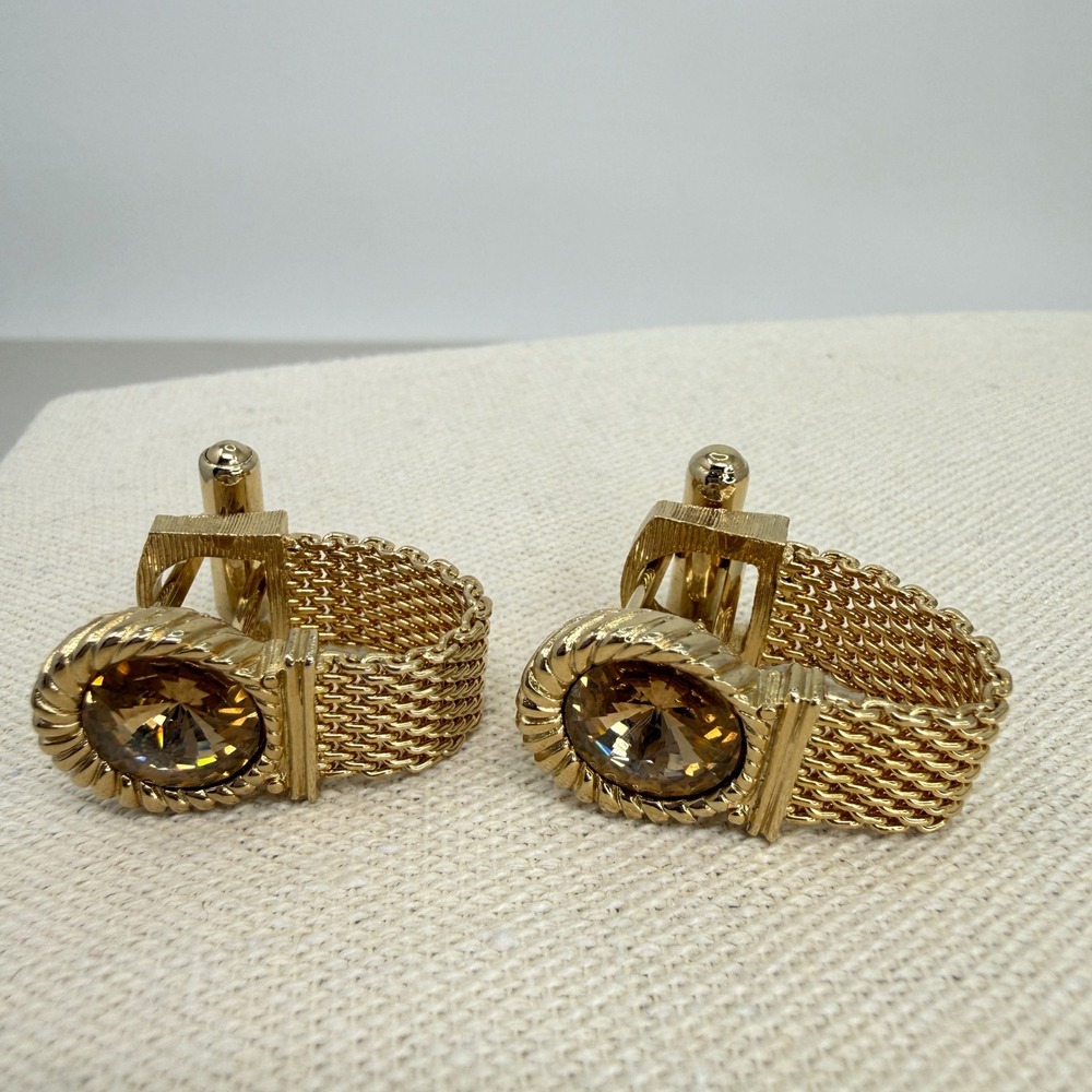 Vintage Swank Mesh Wrap Cufflinks Amber Crystal Rivoli Stone MCM Gold Tone - Picture 2 of 10
